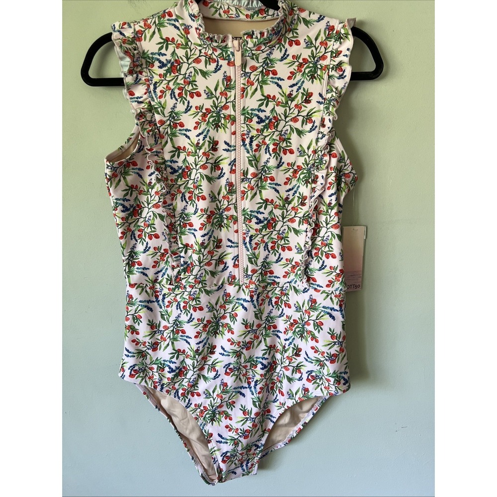 Mott50 Bella Swimsuit Women L Pink Ruffle High Neck UPF 50 Zip One Piece Swim